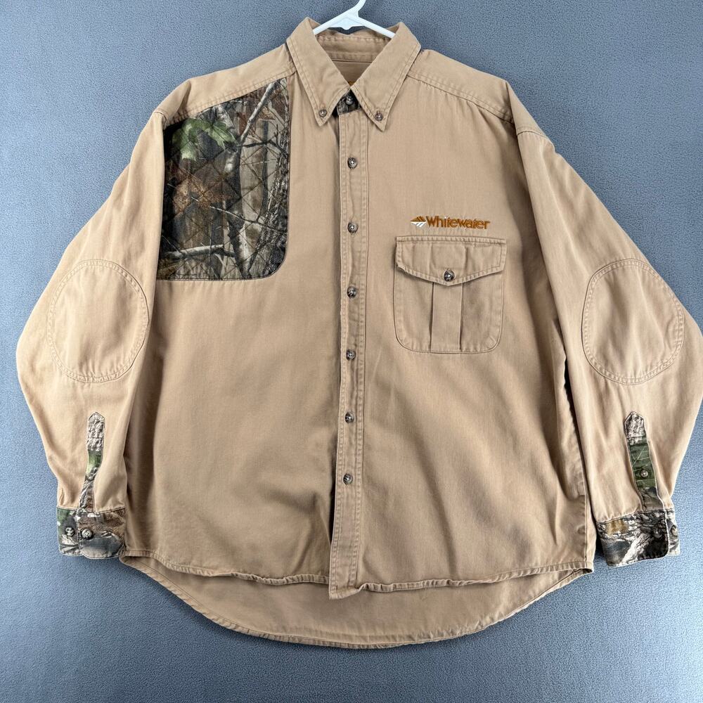 Vtg Whitewater Shooting Shirt Camo Shoulder Pad Cuffs 2XL-3XL?  Tan Hunting